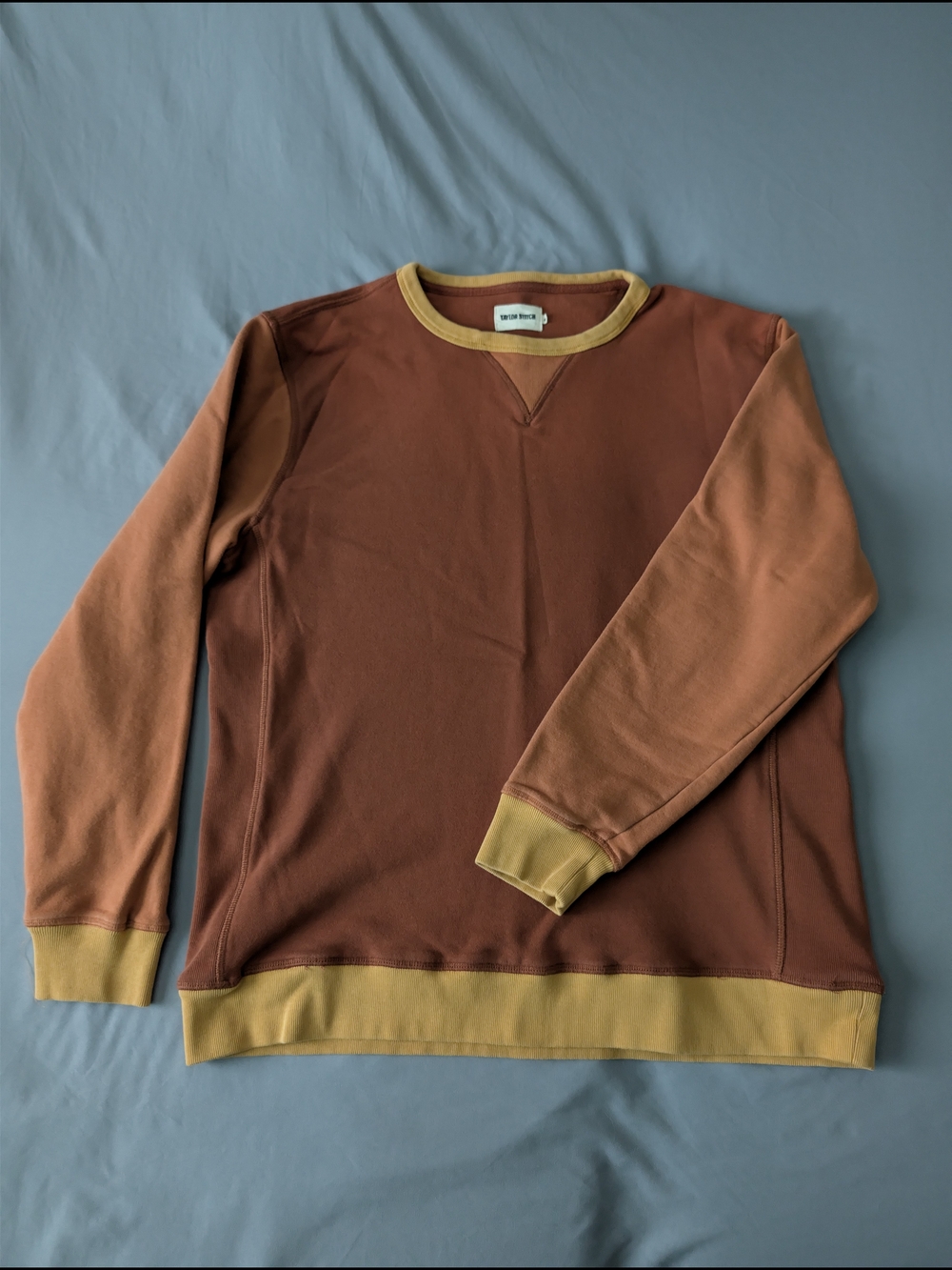 Taylor Stitch Colorblock Rust Crewneck with Mustard Trim